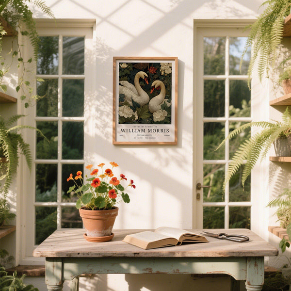 Swan Wall Art showing swans with curved necks amid layered garden blooms.