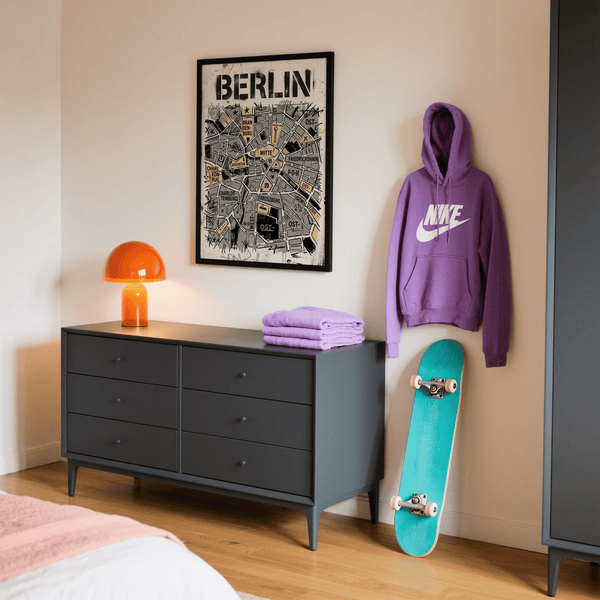 Sketch-style Berlin map wall art poster with street grid and tags