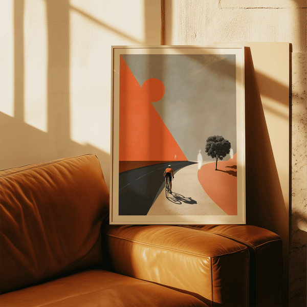 Cycling Landscape Art Print showing a lone cyclist riding along a curved road in a simplified landscape