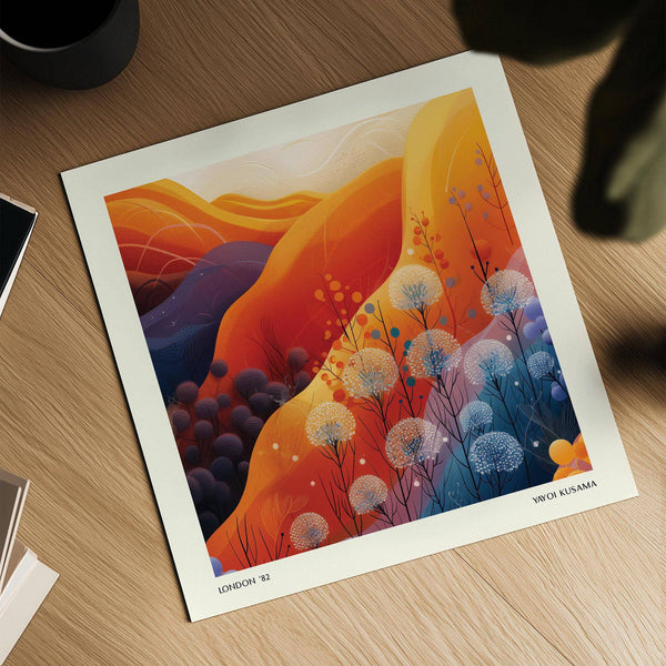 Art print square with red and orange tones for living room wall