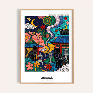 Temple cat mosaic poster print with three black cats, rooftops, blossoms, and lanterns