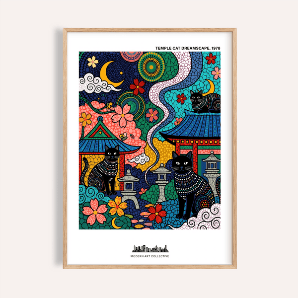 Temple cat mosaic poster print with three black cats, rooftops, blossoms, and lanterns