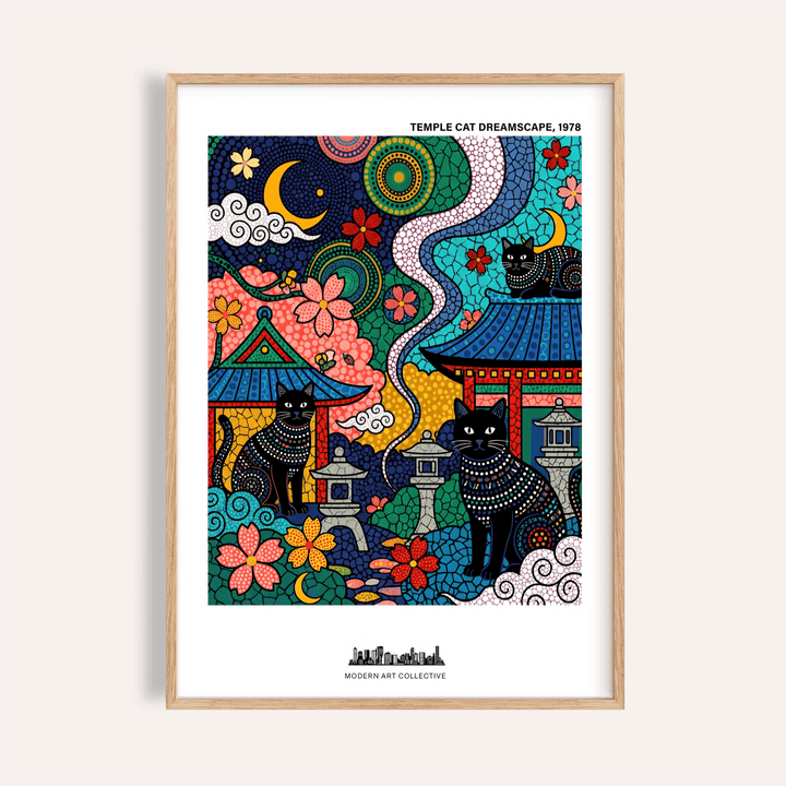 Temple cat mosaic poster print with three black cats, rooftops, blossoms, and lanterns