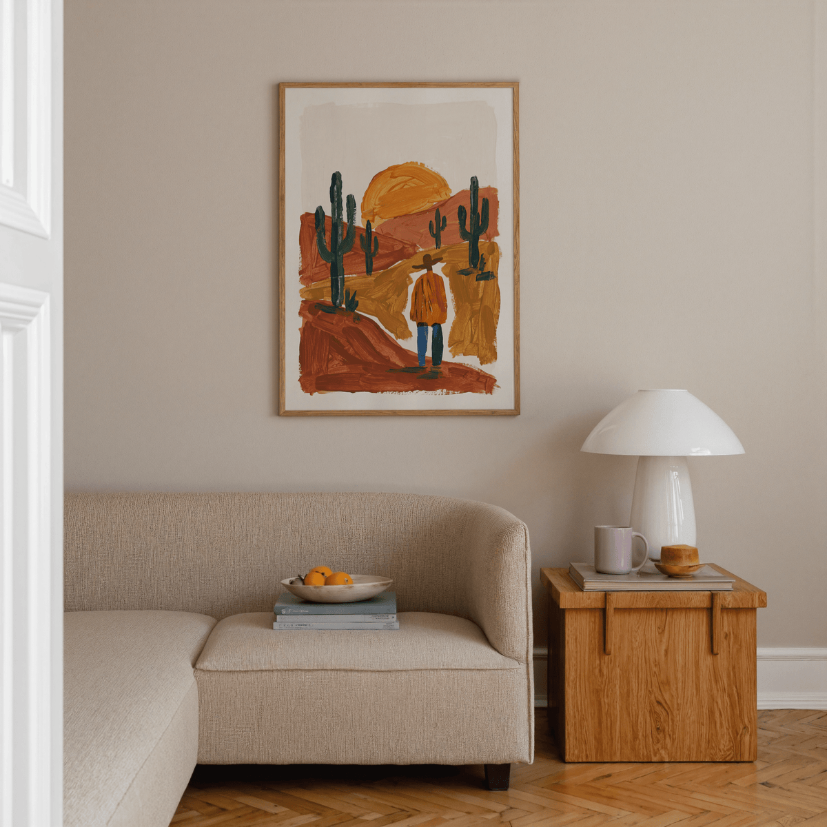 Desert Landscape Art Print in Orange and Green tones for modern hallway art