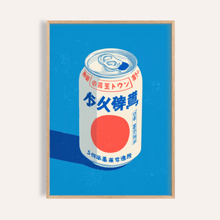 Framed close-up of Japanese Soda Print showing a minimalist soda can illustration with blue and red details
