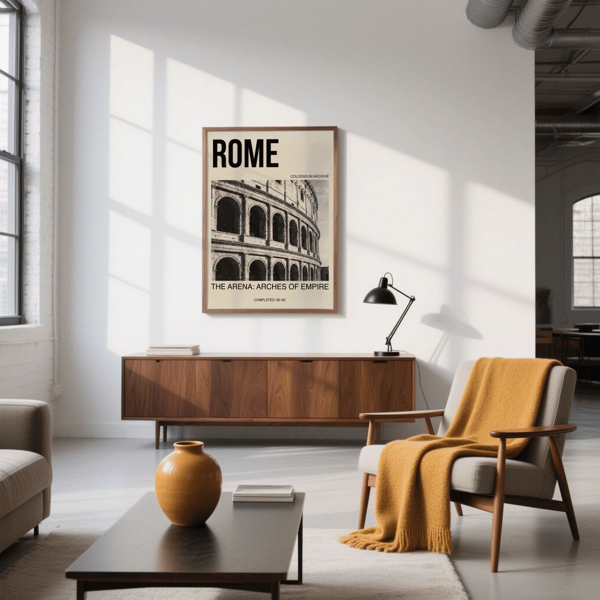 Black and white architecture poster showing the Colosseum curve with stacked arches and shadowed bays