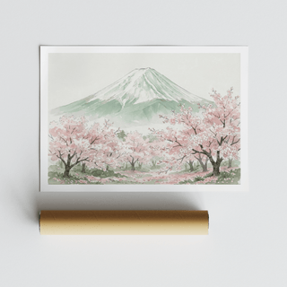 Wide art print showing calm spring scenery with path, shrubs, and distant peak