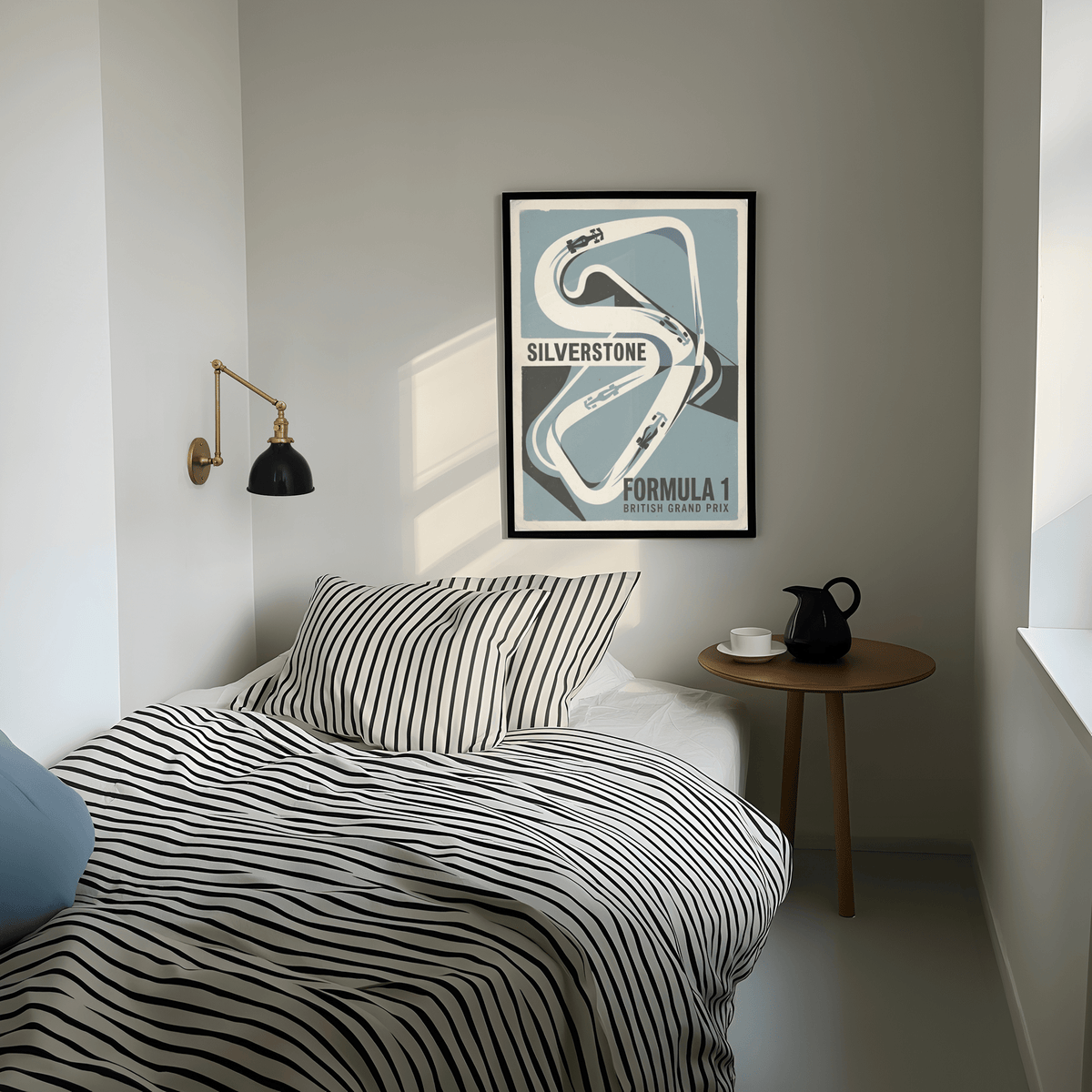 Vintage-style Silverstone circuit map poster with large SILVERSTONE text and Formula 1 caption