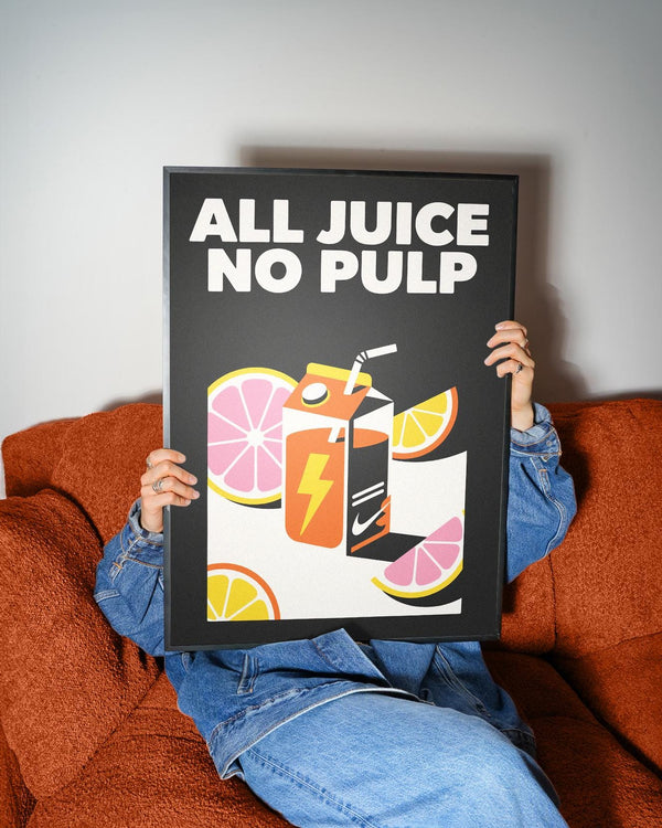 Pop art poster with energetic citrus and lightning bolt design.