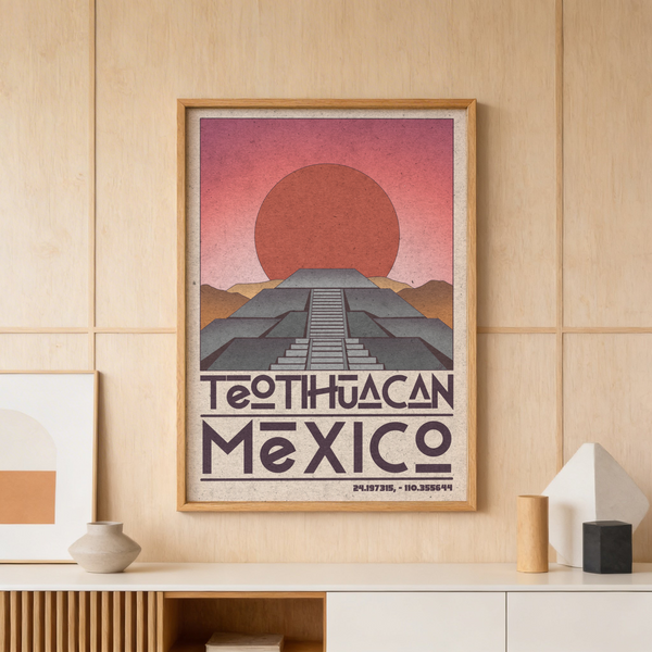 Teotihuacan Wall Art print featuring desert hills and bold Mexico type