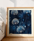 Abstract floral print featuring luminous white dandelions.