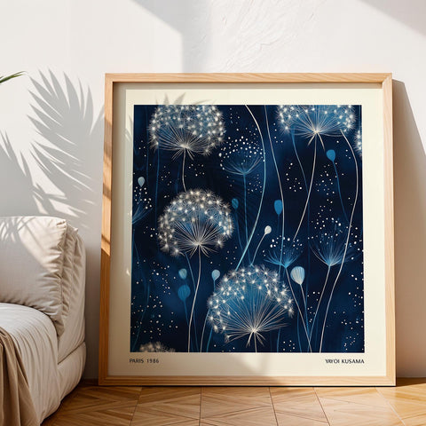 Abstract floral print featuring luminous white dandelions.