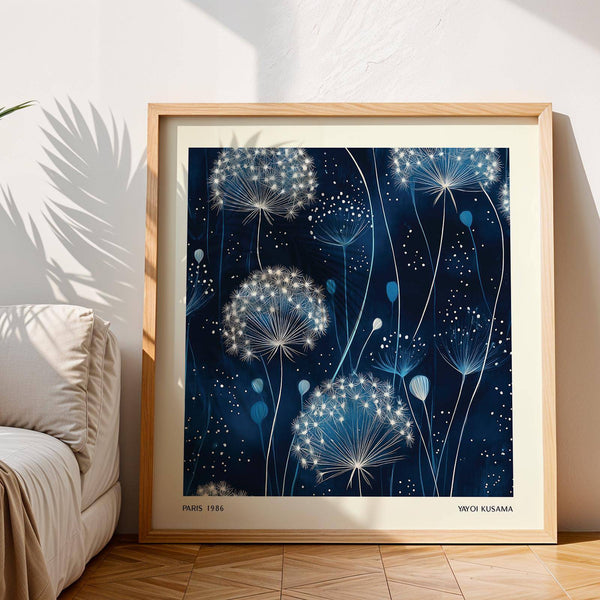Serene bedroom styled with calming blue art work poster
