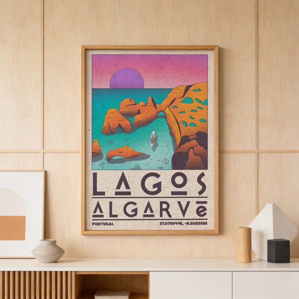 Close view of lettering and coordinate details on Lagos Algarve Wall Art poster