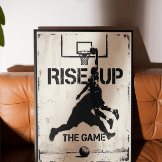 Basketball Rise up Art Print displayed above free weights in gym