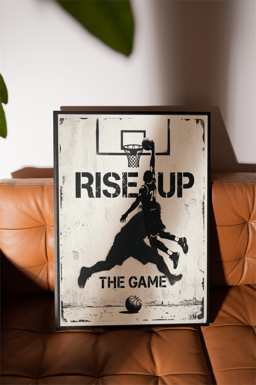 Basketball Rise up Art Print displayed above free weights in gym