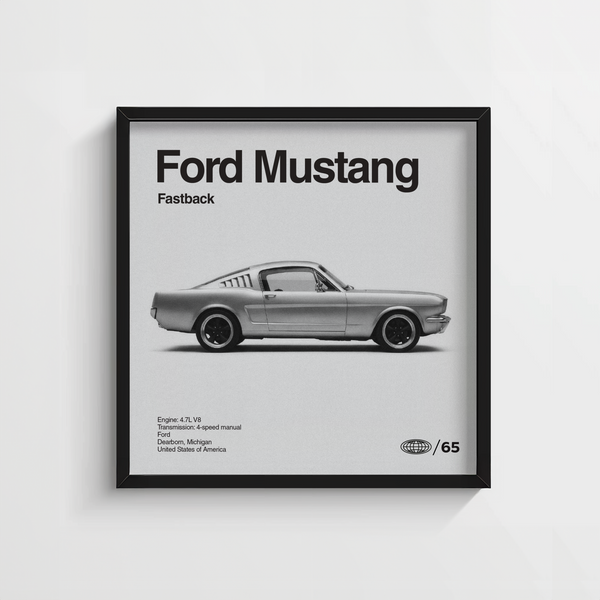 Ford Mustang Art Print in Black, White, Gray for stylish garage decor