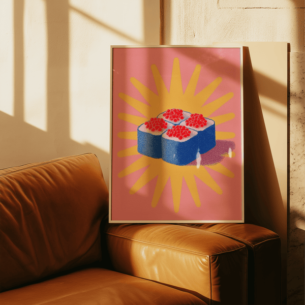 Sushi Poster for modern kitchen, Blue, Yellow, Pink tones, art print