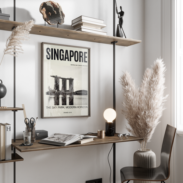 Depicting Marina Bay Sands architecture print poster with lotus-shaped museum and calm bay reflection