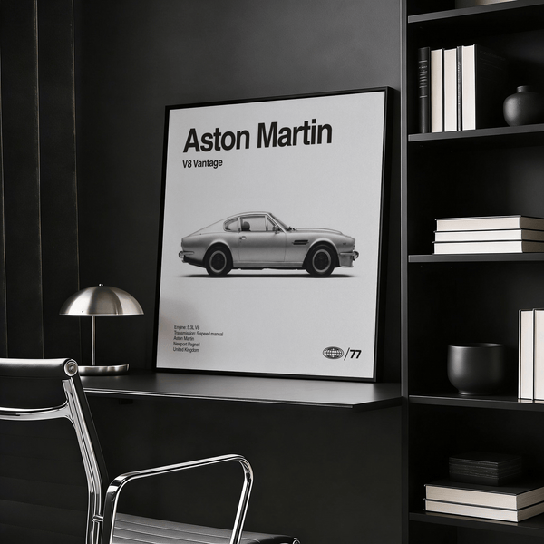 Classic Aston Martin Poster with gray background, perfect for office decor