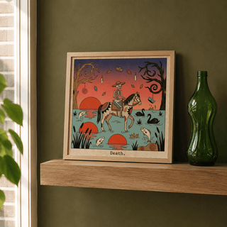Graphic tarot poster showing a skeleton on a horse above water with floating crowns