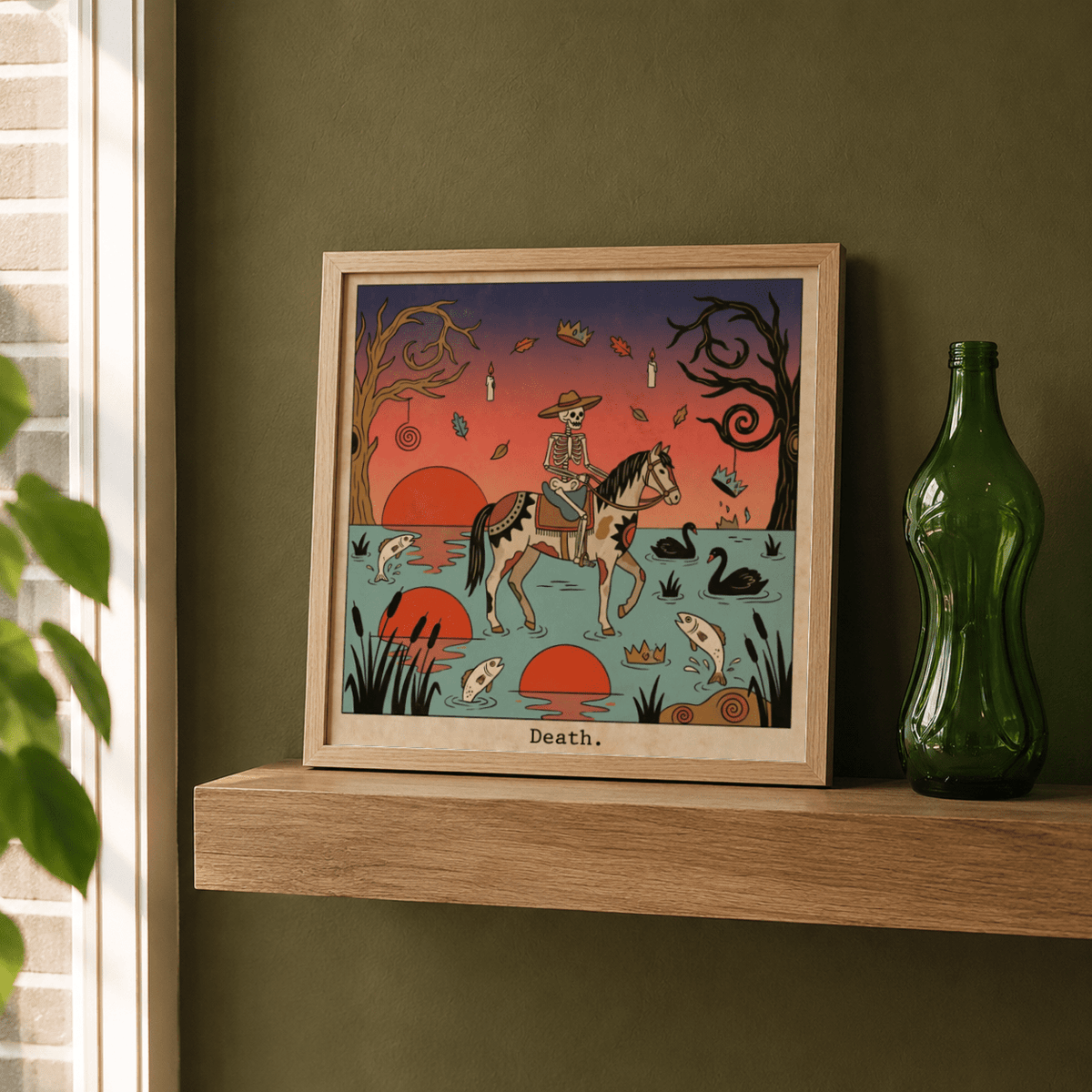 Graphic tarot poster showing a skeleton on a horse above water with floating crowns