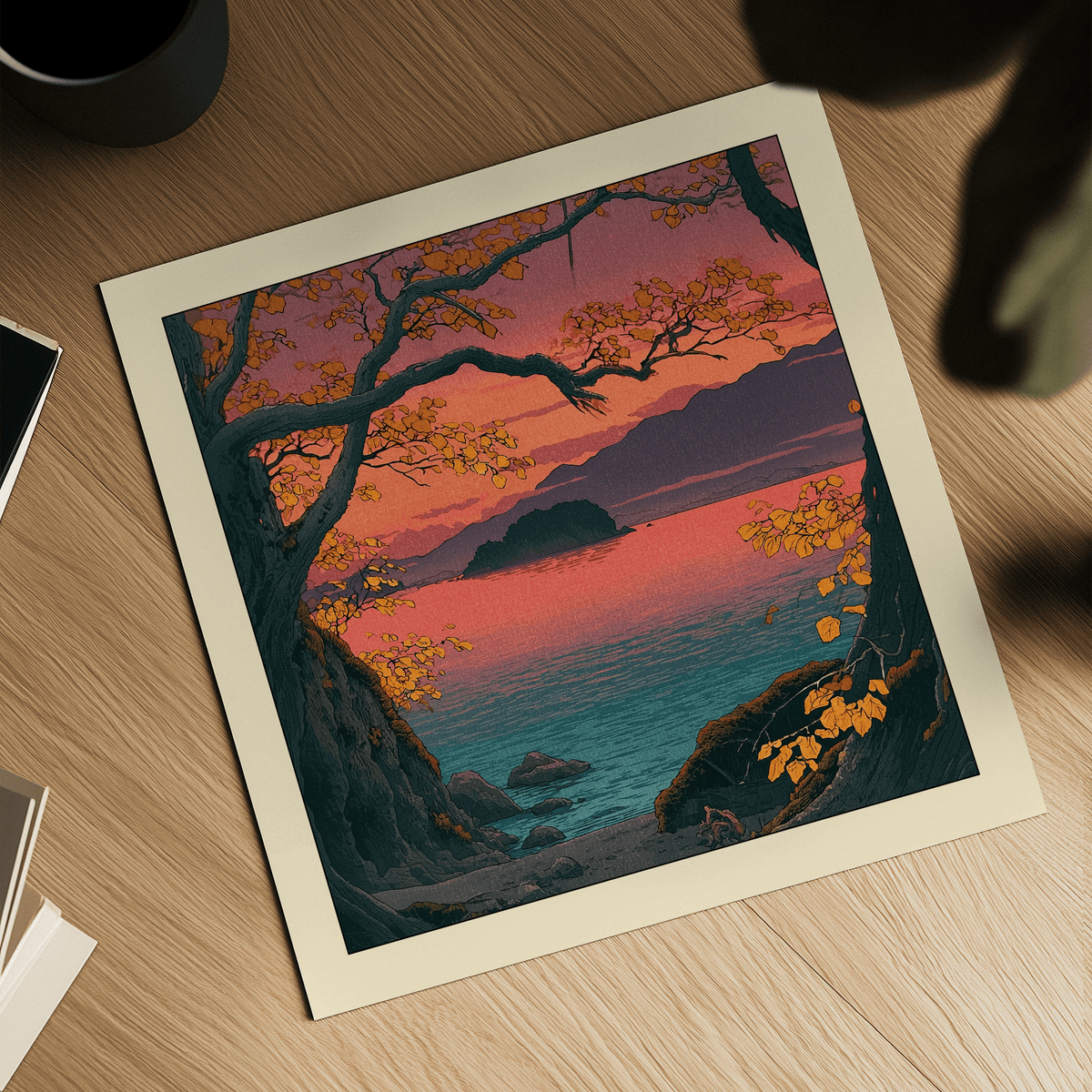 Living room styled with Hasui Kawase autumn lake framed print on wall