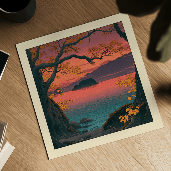 Living room styled with Hasui Kawase autumn lake framed print on wall