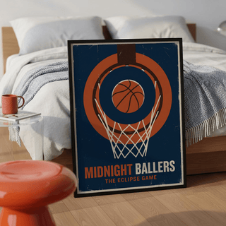 Worn-look basketball wall art poster with central rim, ball detail, and stacked title and subtitle text