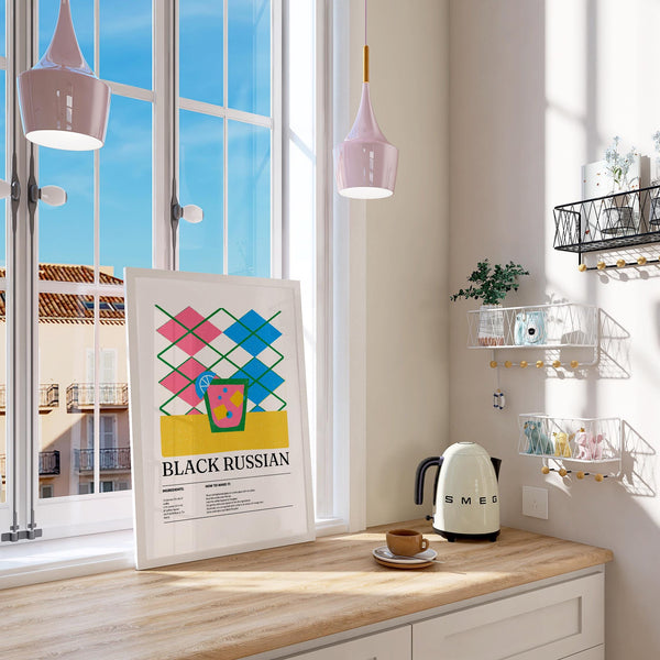 Colorful vintage-style cocktail print of Black Russian drink.