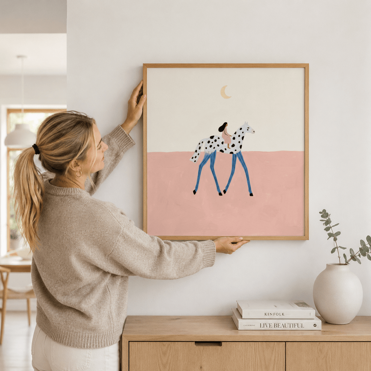 Fantasy Horse Art Print featuring a rider on a spotted horse under a crescent moon