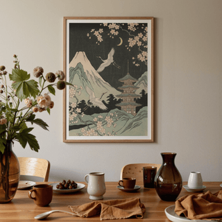 Crane Japanese Art art print featuring Yellow and Green for tranquil bedroom