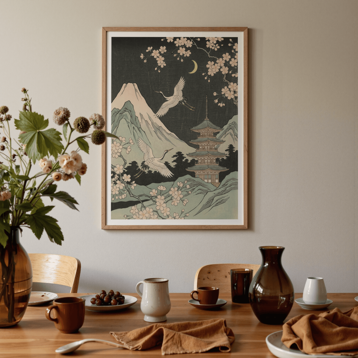 Crane Japanese Art art print featuring Yellow and Green for tranquil bedroom