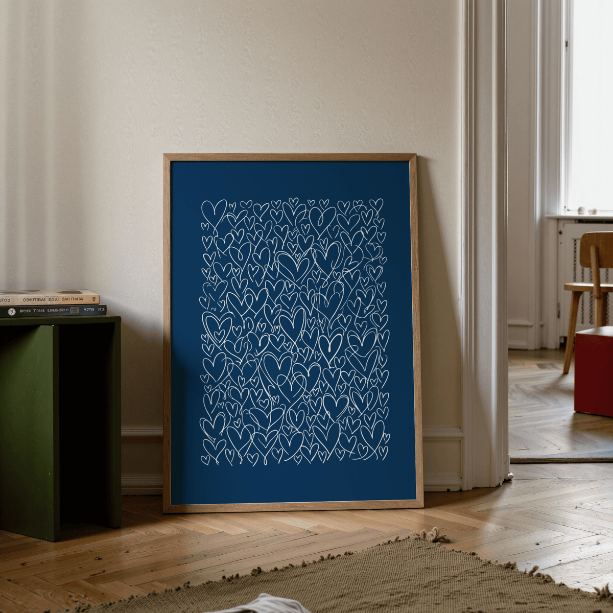 Blue and Beige Art with Hearts wall art for entryway