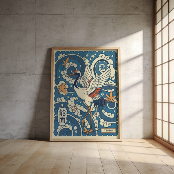 Featuring Traditional Tsuru Print wall art showing a standing crane with extended wings and wave forms