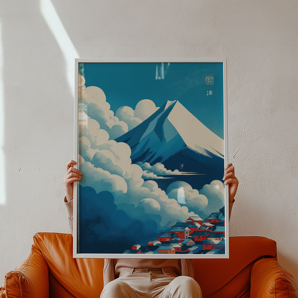 Ukiyo-e inspired mountain and mist scene wall art print