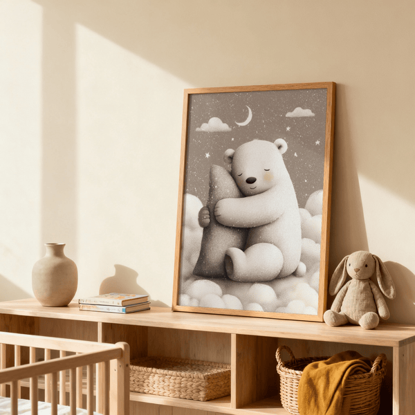 Polar Bear Nursery Print in gray and white for baby room wall art