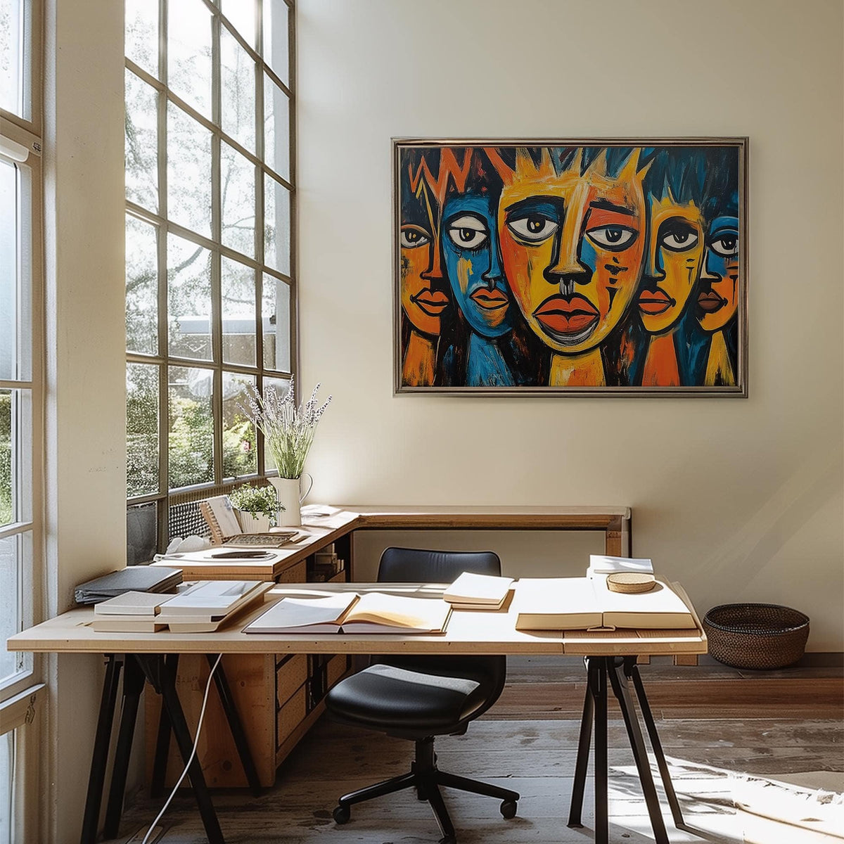 Blue, orange, and yellow tribal-themed African wall art for living room