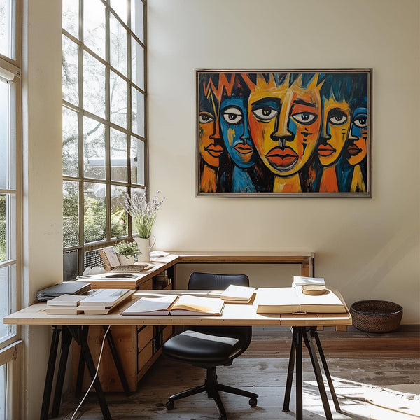 Blue, orange, and yellow tribal-themed African wall art for living room