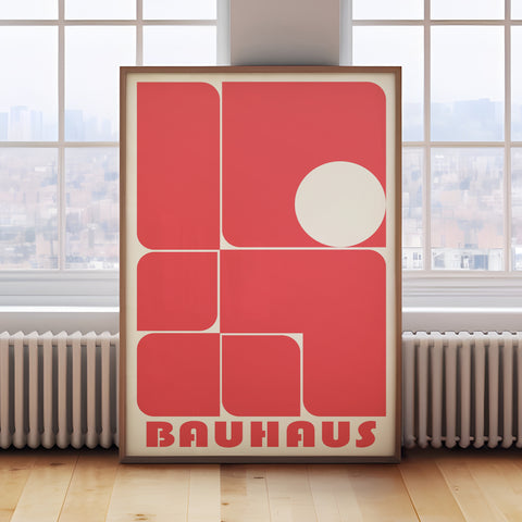 Bold coral red geometric Bauhaus poster for minimalist home decor