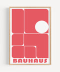 Bold coral red geometric Bauhaus poster for minimalist home decor