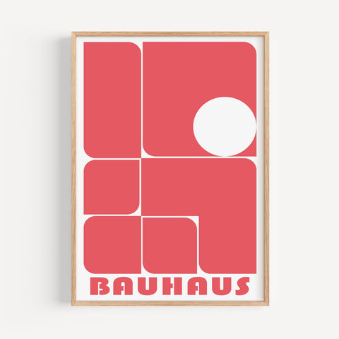 Bold coral red geometric Bauhaus poster for minimalist home decor