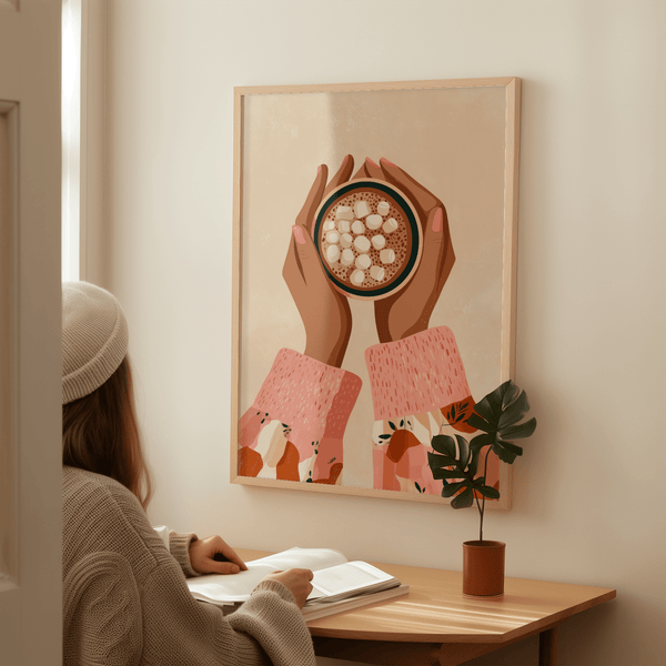Hot Cocoa Wall Art with soft beige tones for living space wall art