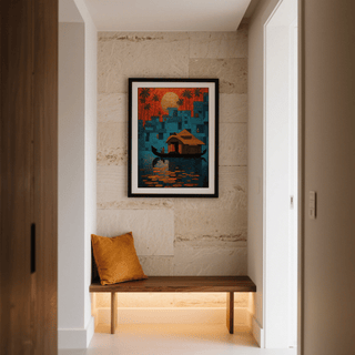 Geometric poster print showing a large sun behind palm trees and stacked riverside buildings