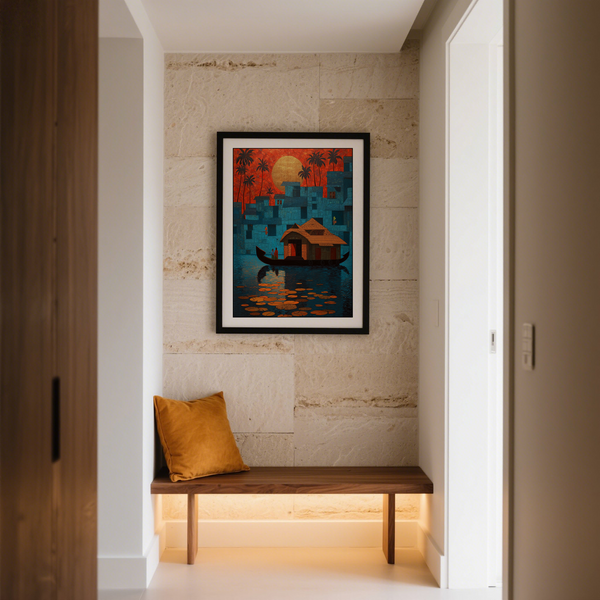 Geometric poster print showing a large sun behind palm trees and stacked riverside buildings