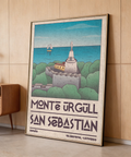 Sunlit harbor scene in San Sebastian Art Print paired with minimal mountain art