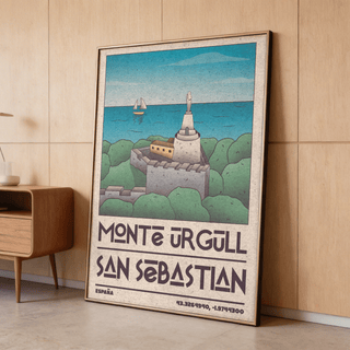 Sunlit harbor scene in San Sebastian Art Print paired with minimal mountain art