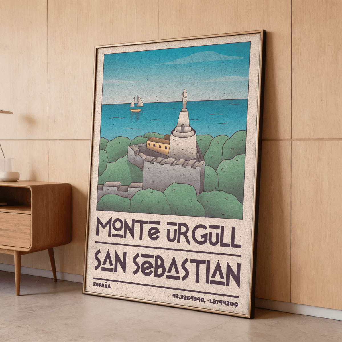 Sunlit harbor scene in San Sebastian Art Print paired with minimal mountain art