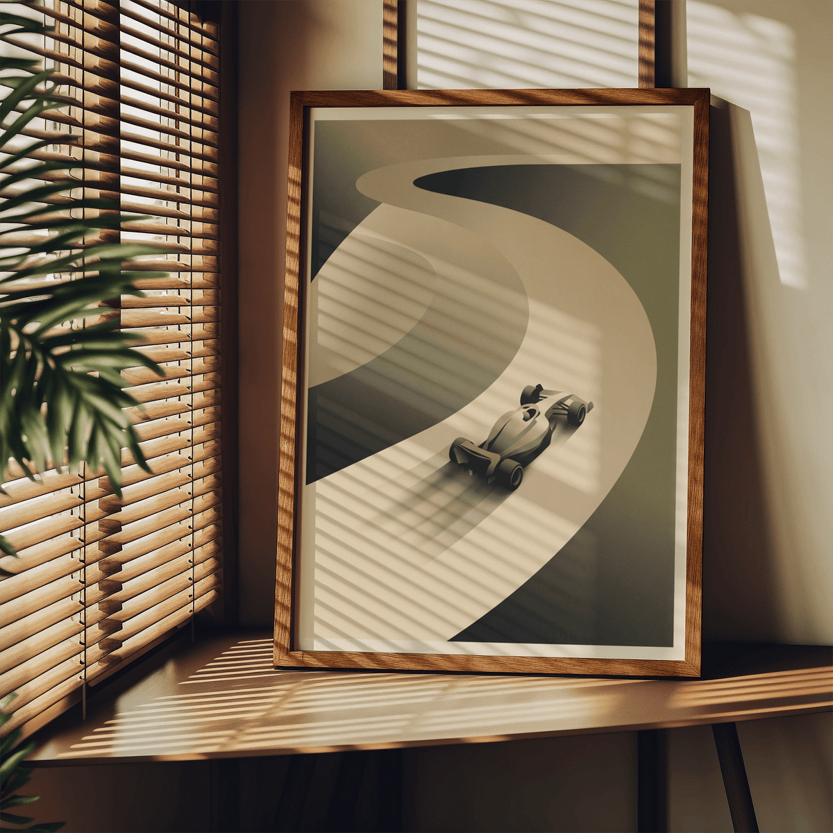 Graphic motorsport wall art print featuring a lone race car entering a wide bend