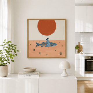 Surreal Fish Art Print depicting a blue fish with orange dots and a woman in a striped dress